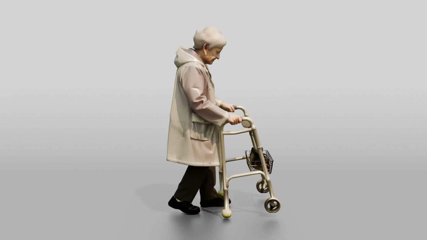 Elderly White Woman in Clear Raincoat with Walker