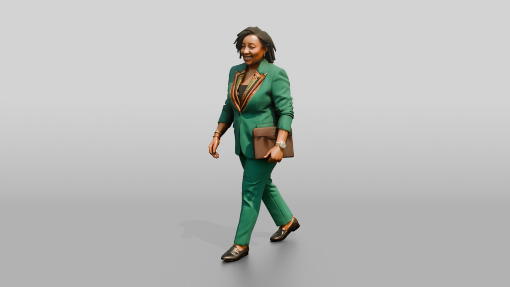 Plus-Size Woman in Emerald Green Pantsuit Carrying a Tablet Case