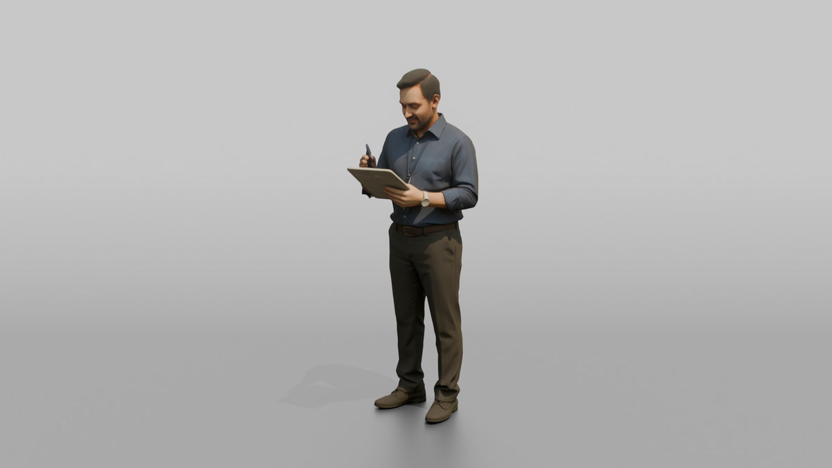 Man Store Manager Reviewing An Inventory Clipboard - 3D character model, view 4