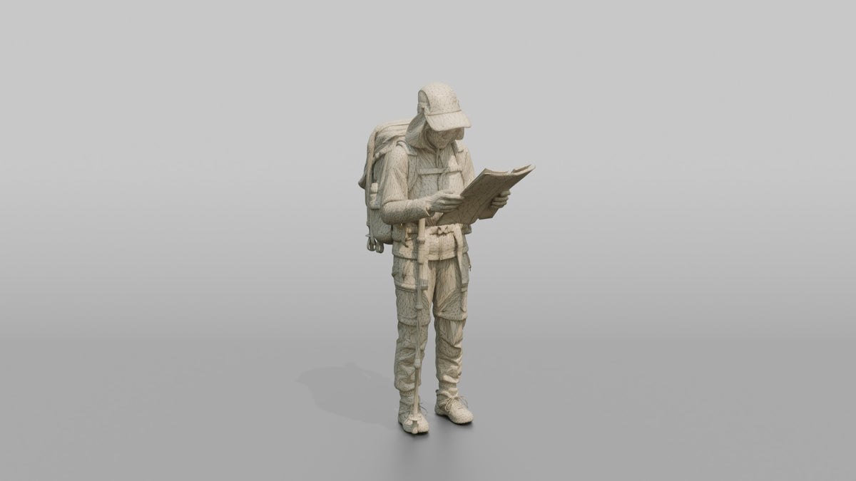Trekker Inspecting a Trail Map - wireframe topology preview