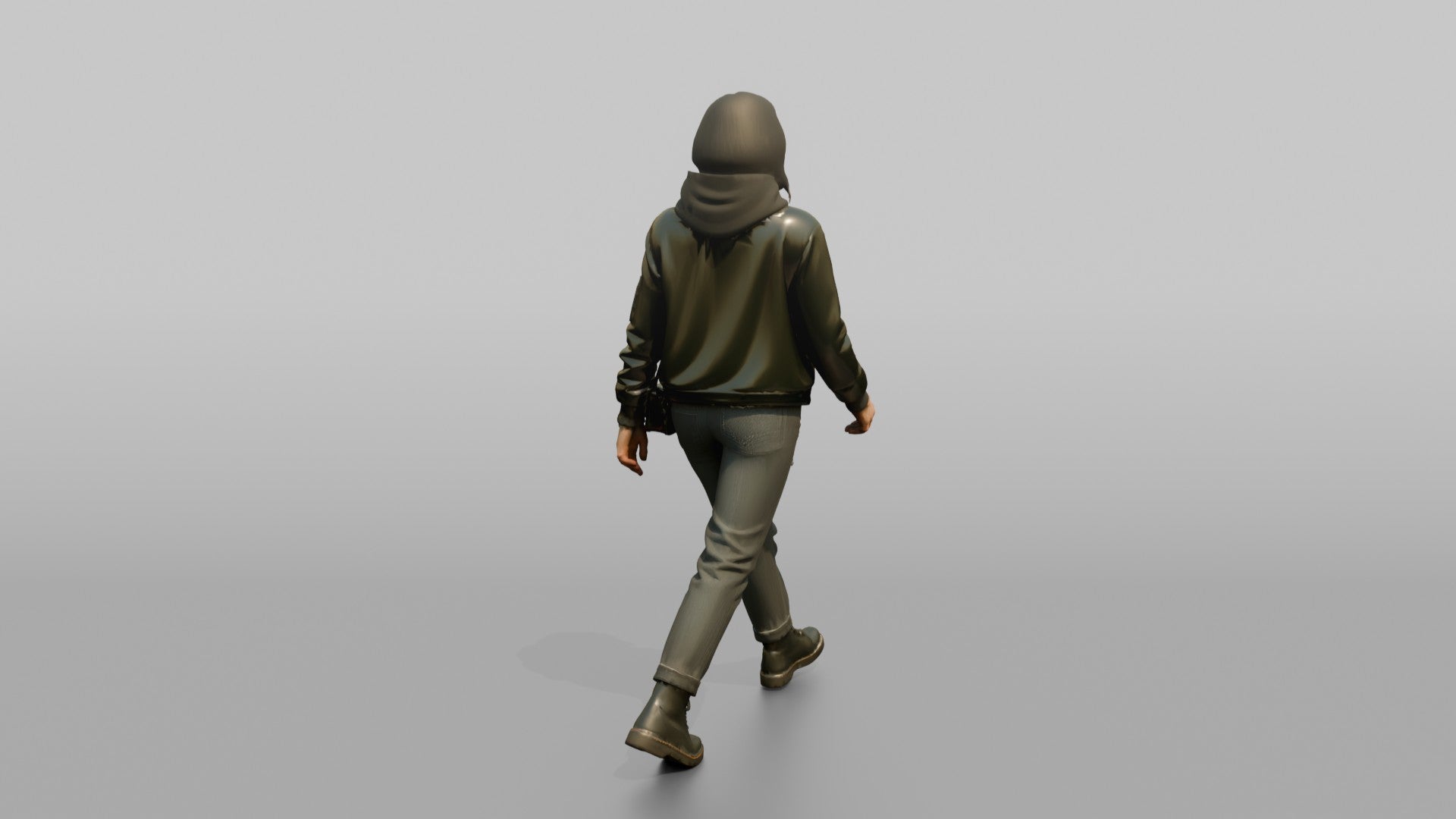 Young Woman in Olive Jacket Walking with Shoulder Bag