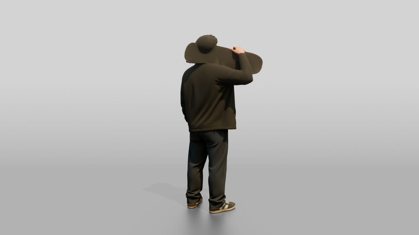 Skater Man Carrying Skateboard on Shoulder