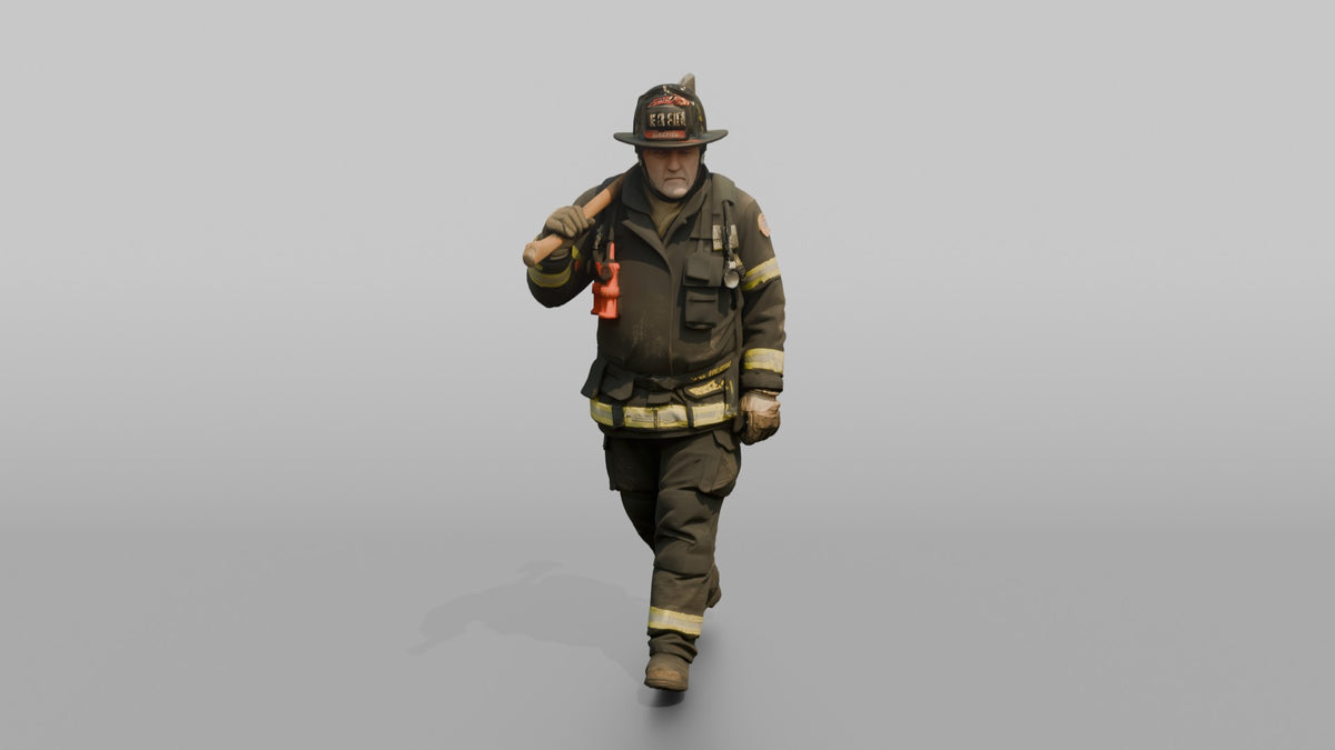 Firefighter Man Carrying a Flathead Axe Across His Shoulder - 3D character model, view 2