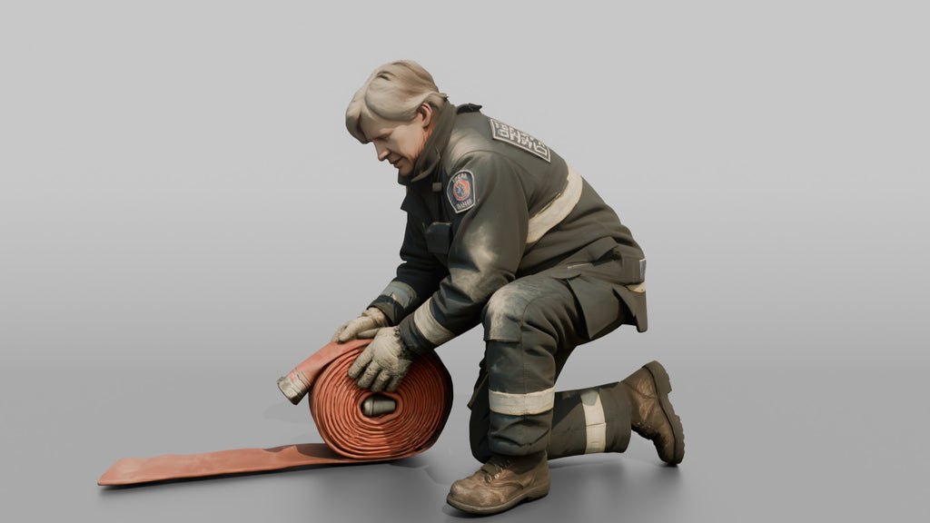 Firefighter Woman Rolling Up a Flat Fire Hose on the Ground