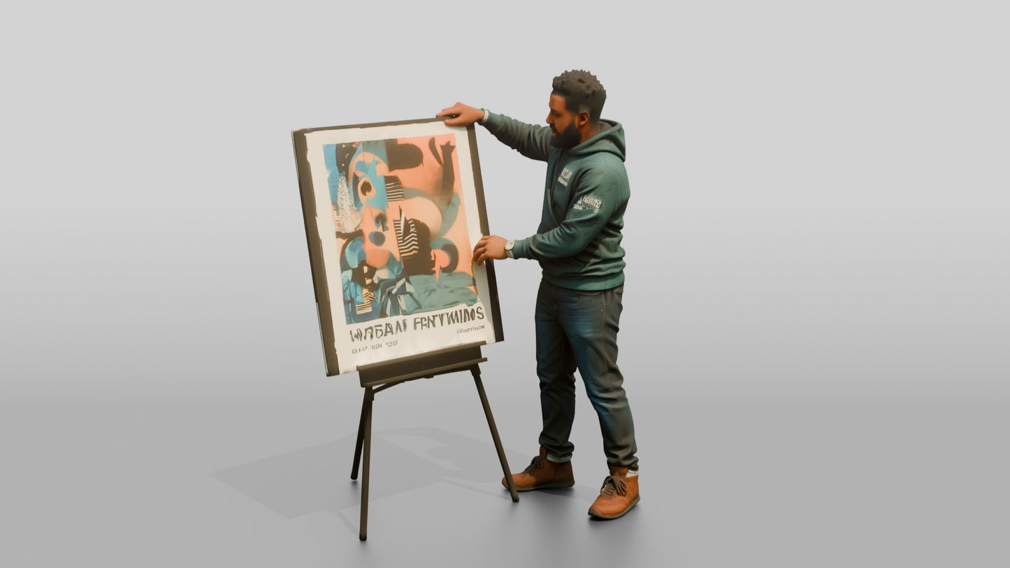 Man Presenting Artwork on an Easel