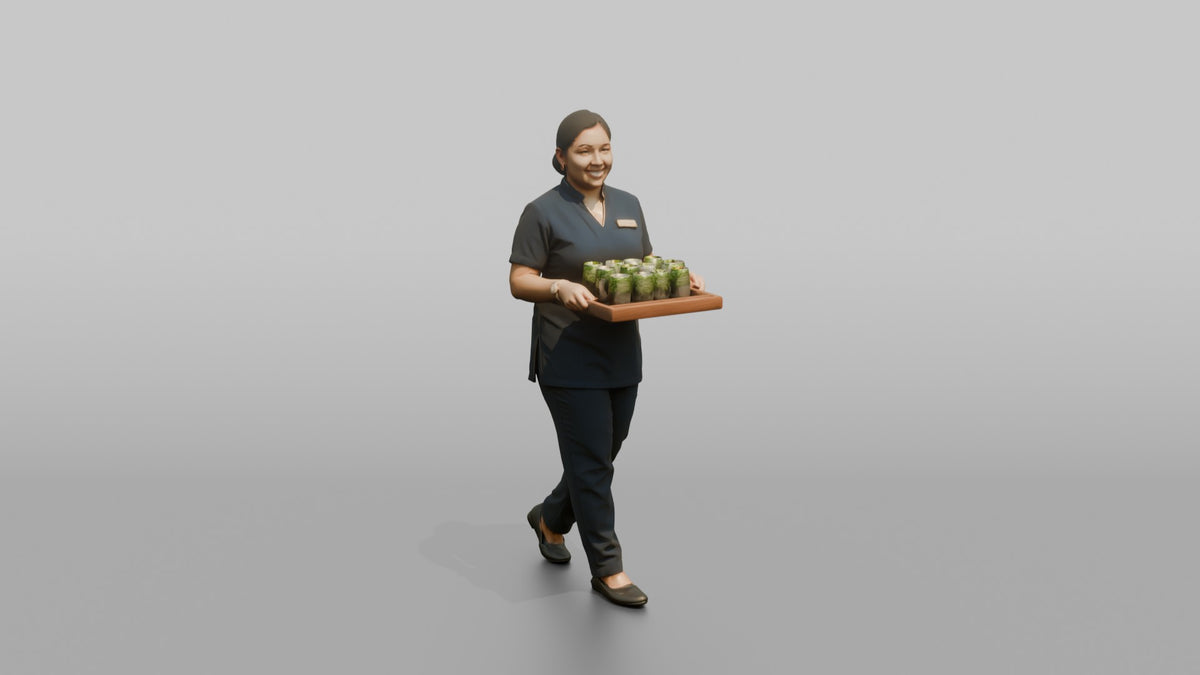 Spa Attendant Man Carrying A Tray With Cucumber Water Glasses - 3D character model