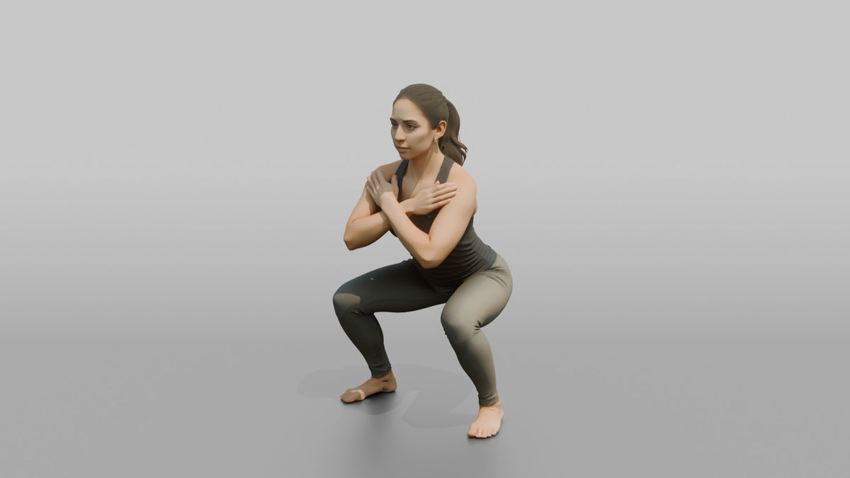 Bodyweight Athlete Woman Holding A Deep Squat Position, Arms Crossed - 3D character model, view 4