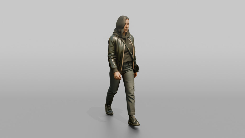 Young Woman in Olive Jacket Walking with Shoulder Bag