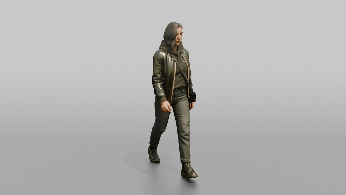 Young Woman in Olive Jacket Walking with Shoulder Bag - 3D character model, view 1