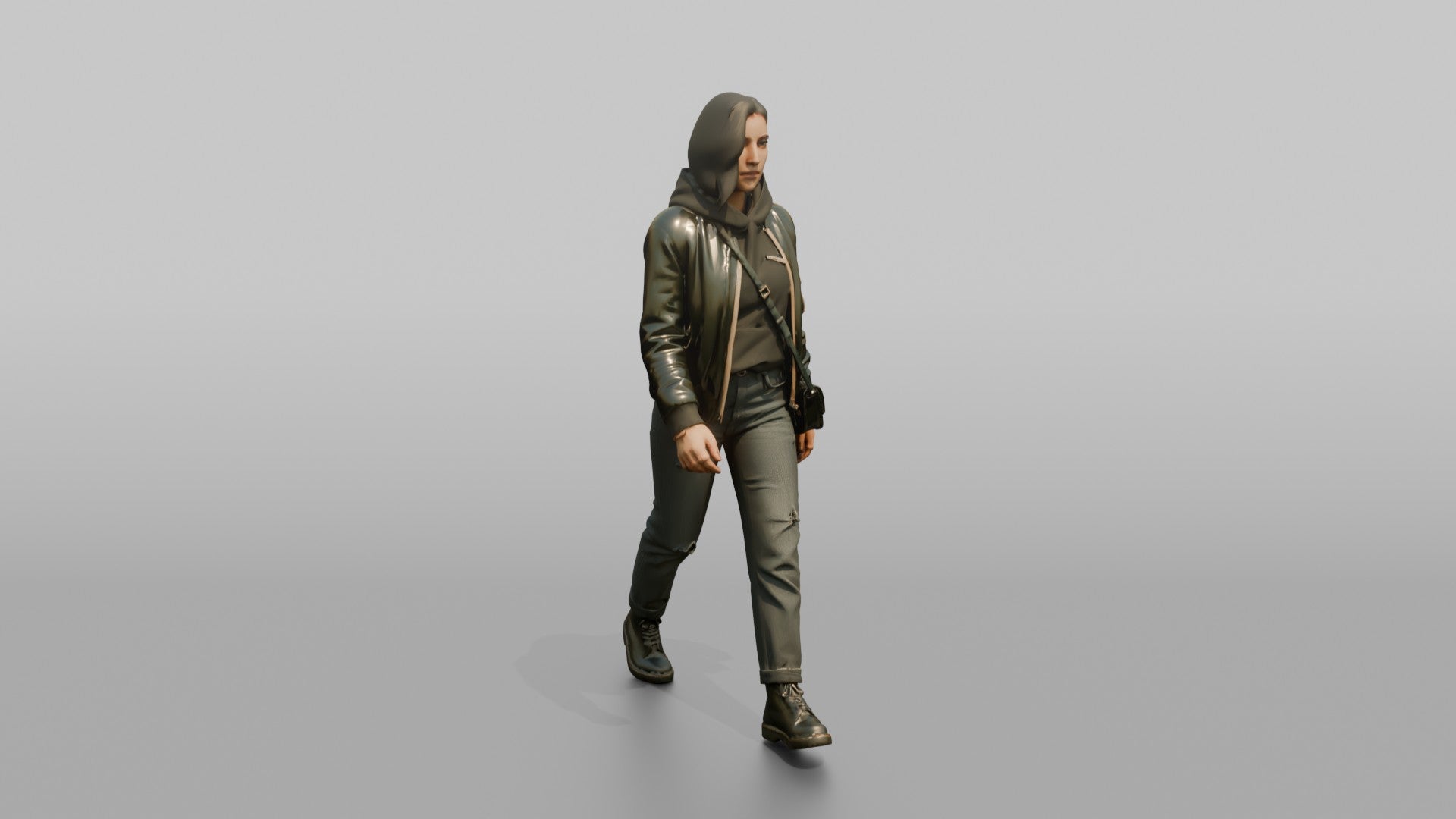 Young Woman in Olive Jacket Walking with Shoulder Bag