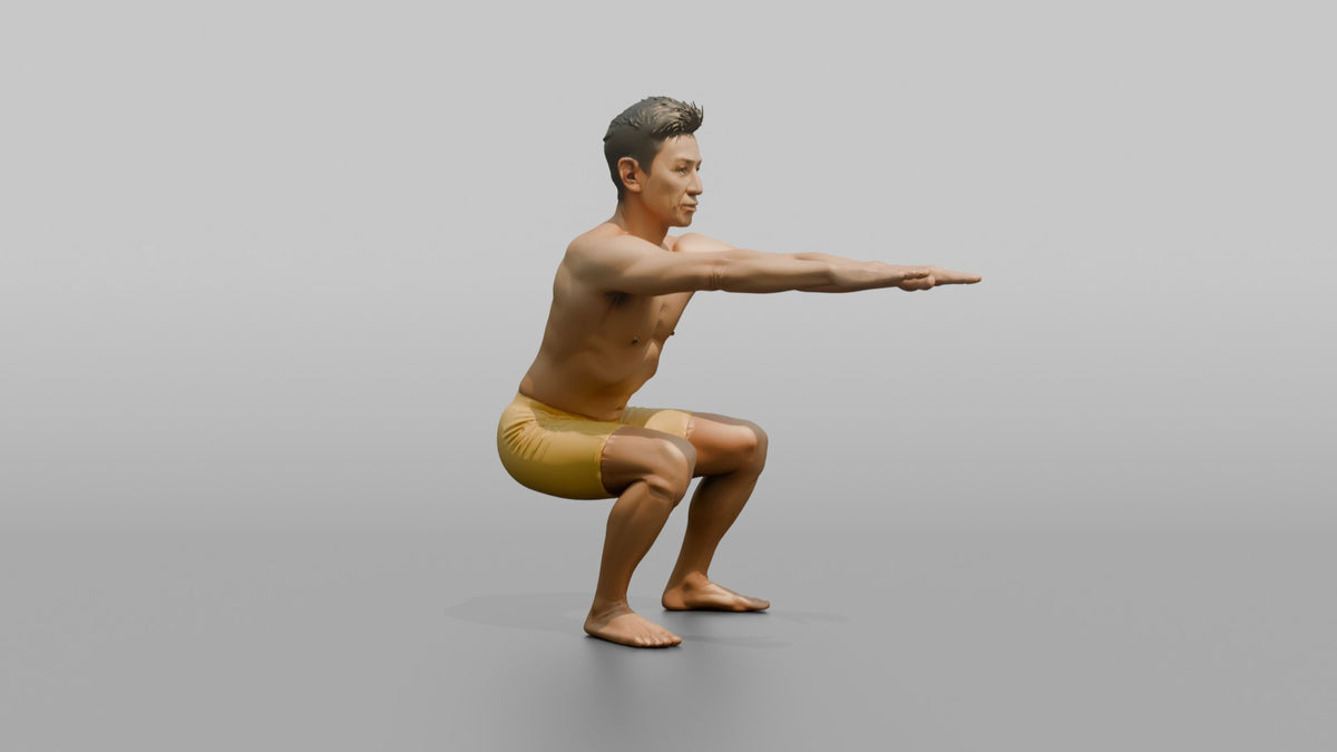 Bodyweight Athlete Man Doing A Bodyweight Squat, Arms Extended Forward - 3D character model, view 3