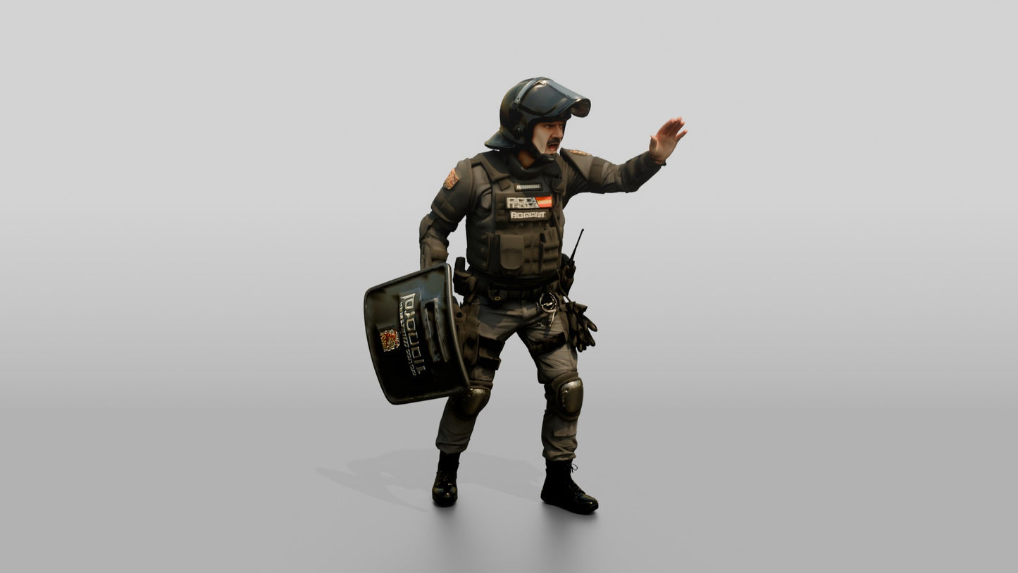 Riot Police Officers Gesturing with Shield