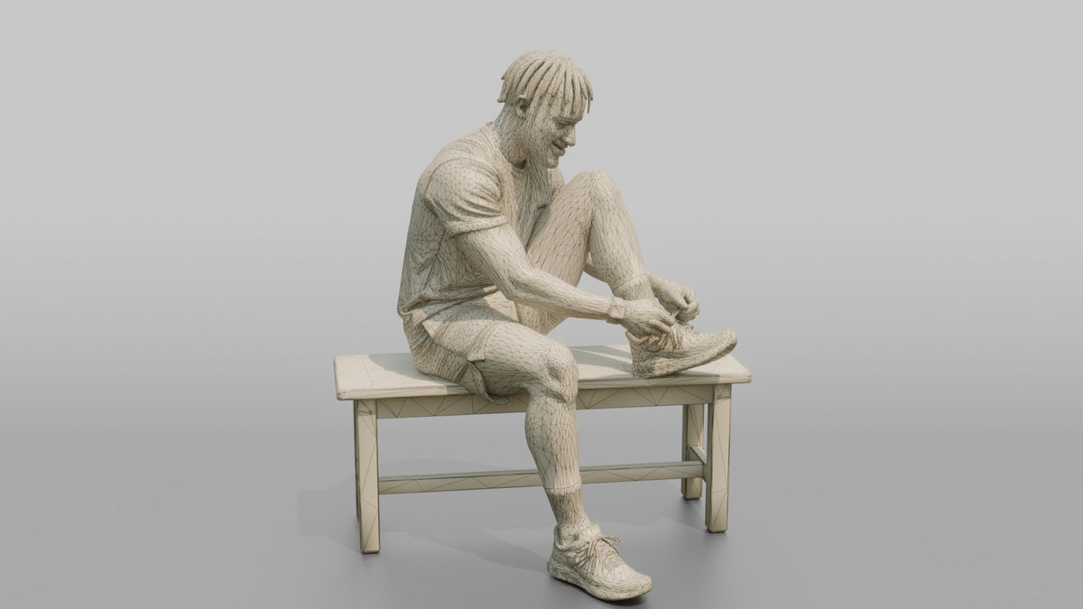 Man Customer Sitting On A Bench Trying On Running Shoes - wireframe topology preview