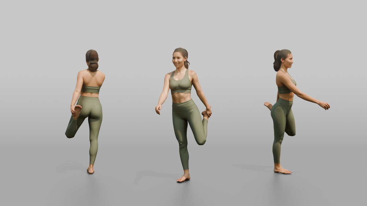 Fitness Influencer Woman Doing A Standing Quad Stretch - 3D character model, view 1