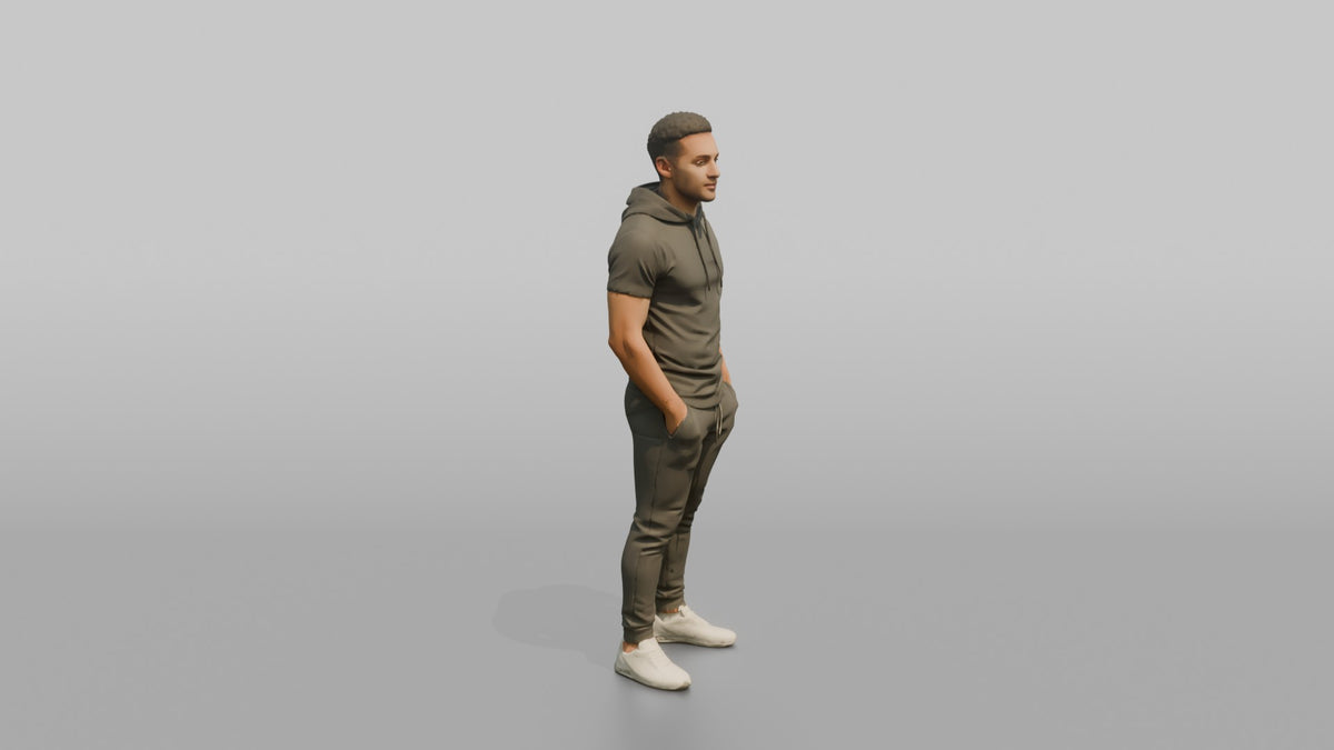 Fitness Influencer Man Standing With Hands In Pockets, Looking To The Side - 3D character model, view 2