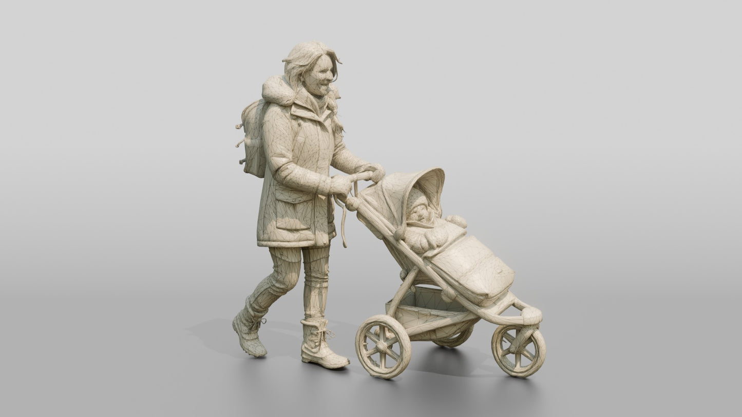 Norwegian Mother Pushing Stroller in Snow