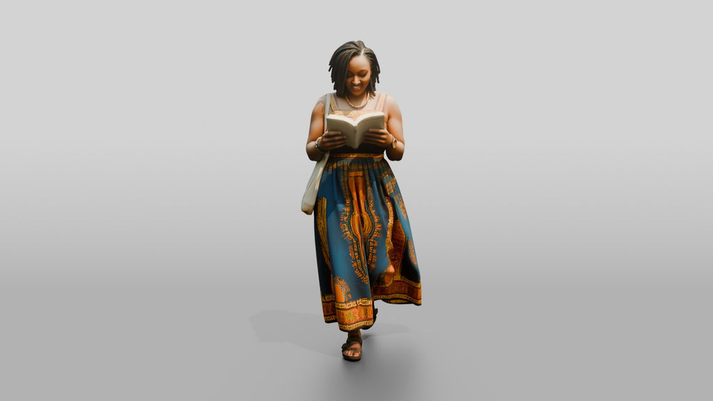 African Woman Reading a Book in a Printed Maxi Dress