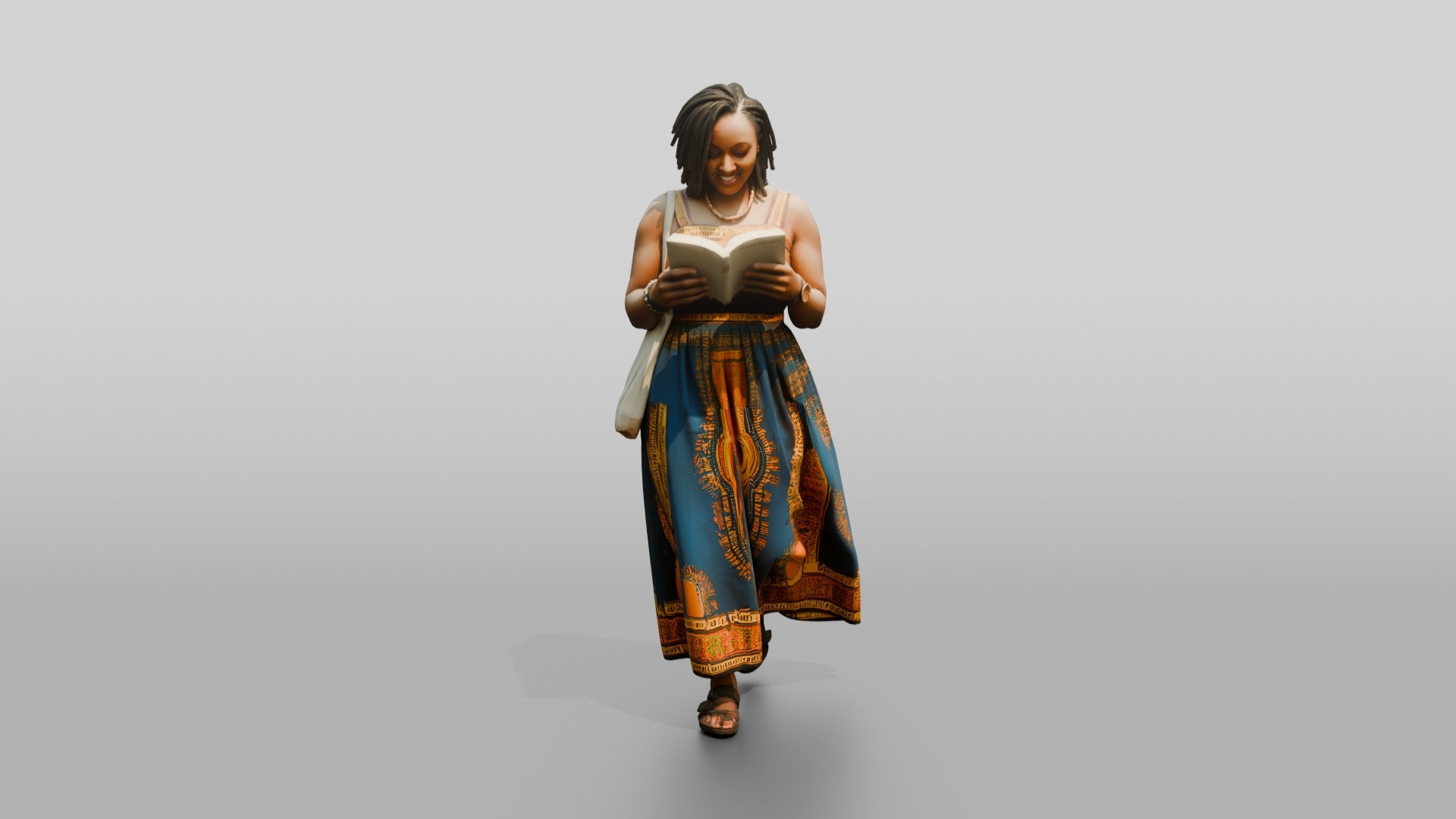 African Woman Reading a Book in a Printed Maxi Dress