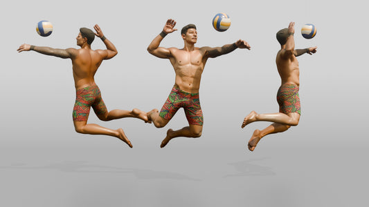 Latino Man Leaping in Beach Volleyball Pose