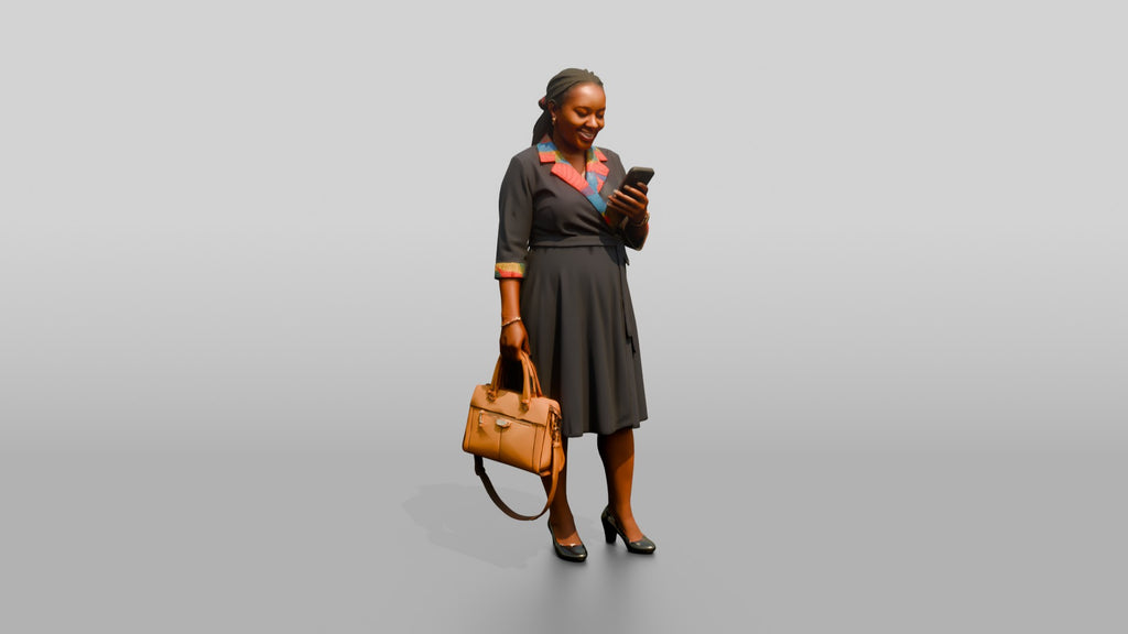 Woman in Wrap Dress with Colorful Print Trim Checking Her Phone