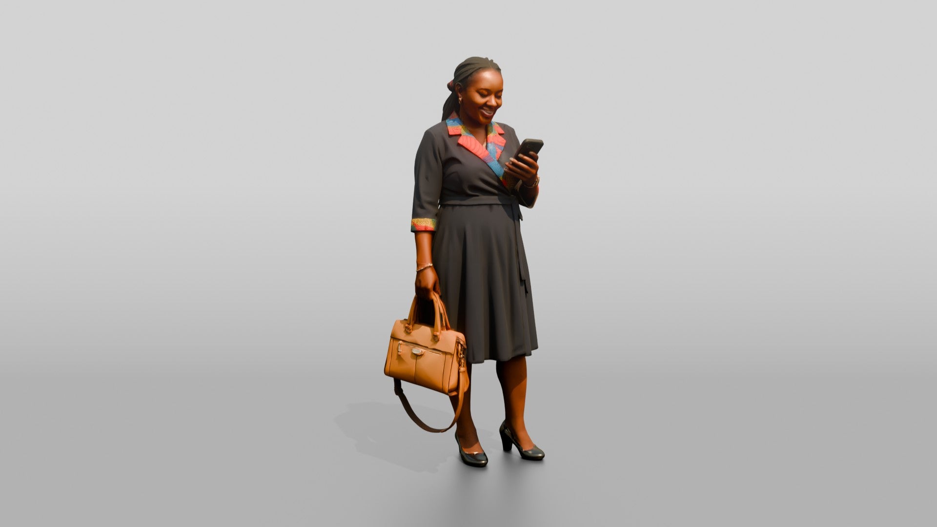 Woman in Wrap Dress with Colorful Print Trim Checking Her Phone