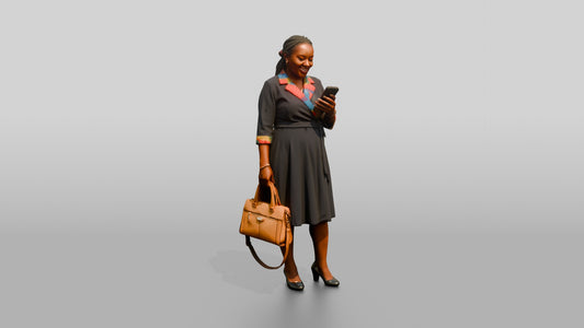 Woman in Wrap Dress with Colorful Print Trim Checking Her Phone - 3D character model, view 1