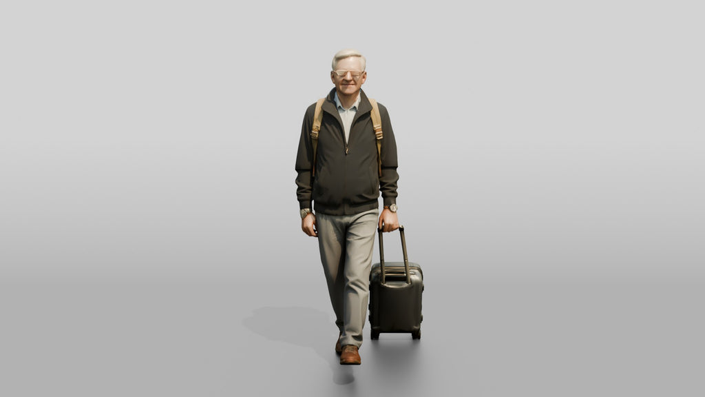 Elderly Man with Glasses Walking with Backpack and Carry-On