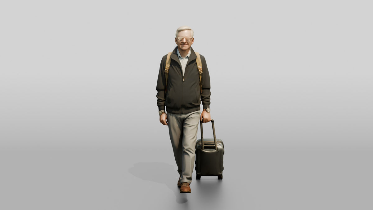 Elderly Man with Glasses Walking with Backpack and Carry-On - 3D character model, view 5