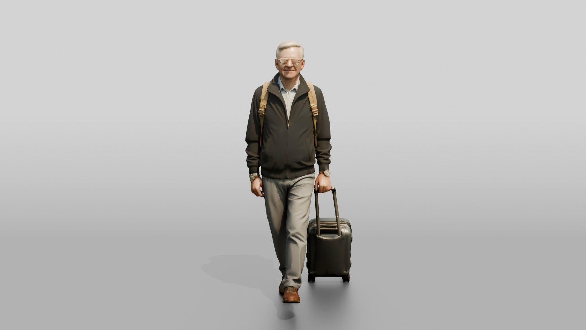 Elderly Man with Glasses Walking with Backpack and Carry-On
