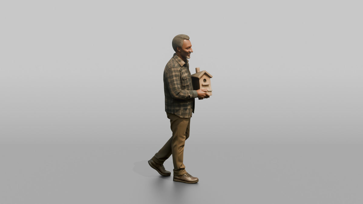 Grandfather Carrying A Small Wooden Birdhouse In Both Hands - 3D character model, view 2