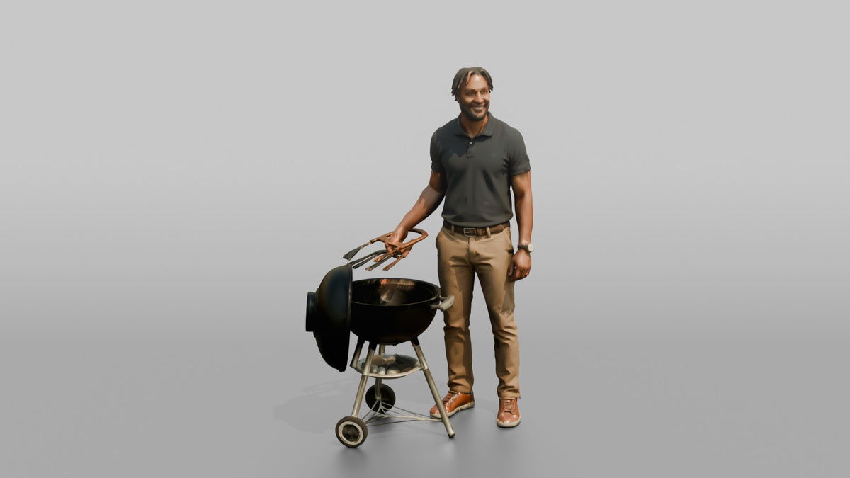 Father Holding Barbecue Tongs, Standing Beside A Grill - 3D character model