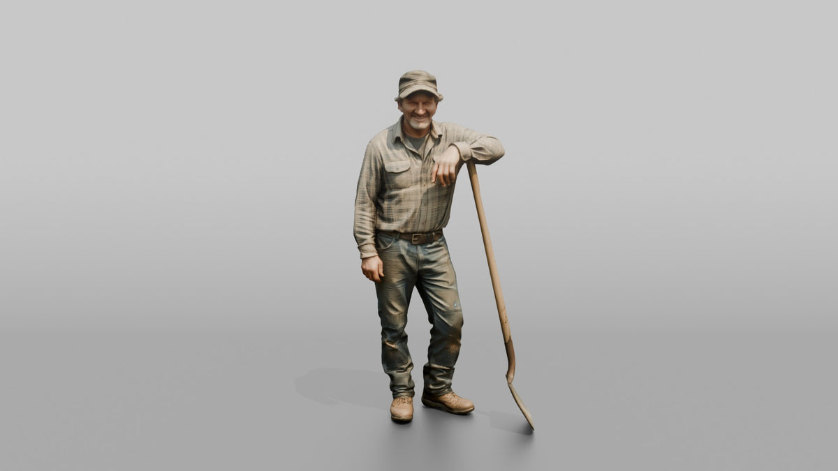 Farmer Leaning On Long Wooden Shovel - 3D character model, view 5