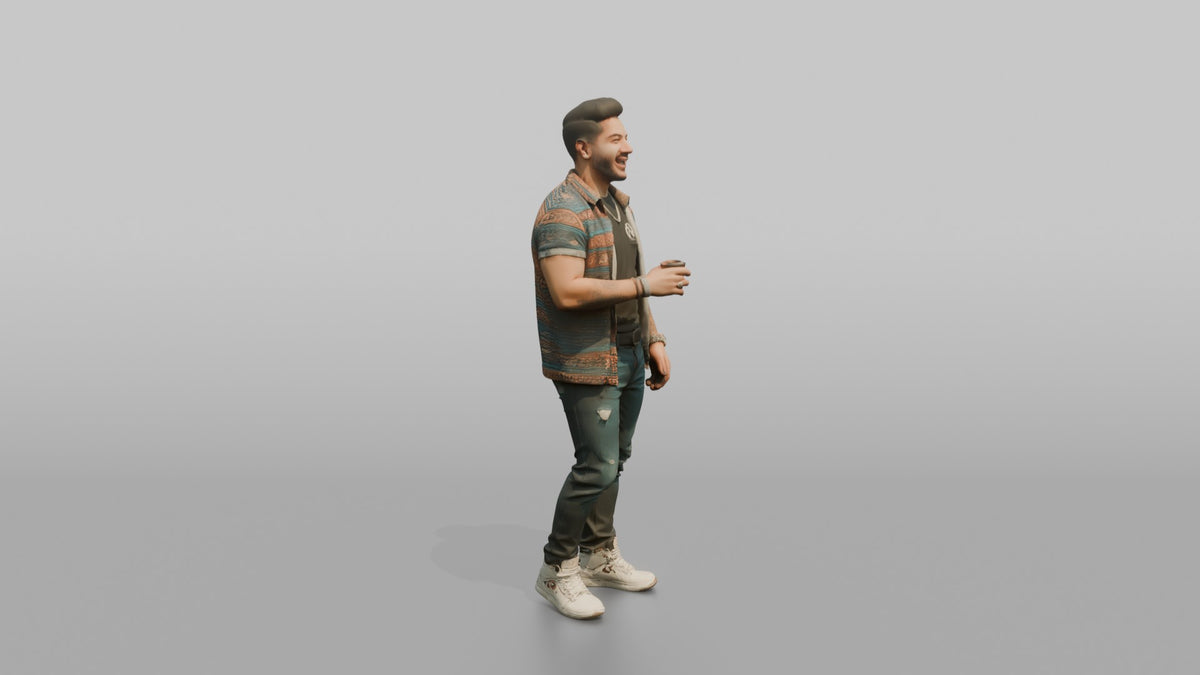 Patron Man Wearing Colorful Streetwear Layers, Mid-laugh, Holding A Drink - 3D character model, view 2