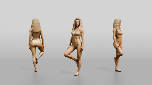 Blonde Woman in Cream Two-Piece Swimsuit Tree Pose