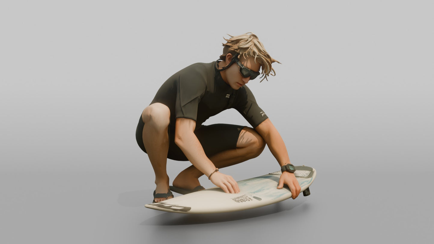 Surfer Checking the Wax on His Board