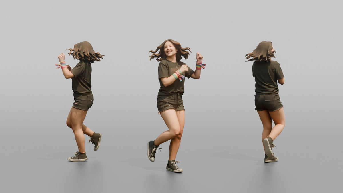 Patron Woman Dancing Energetically, Bright Colorful Wristbands Stacked - 3D character model, view 1