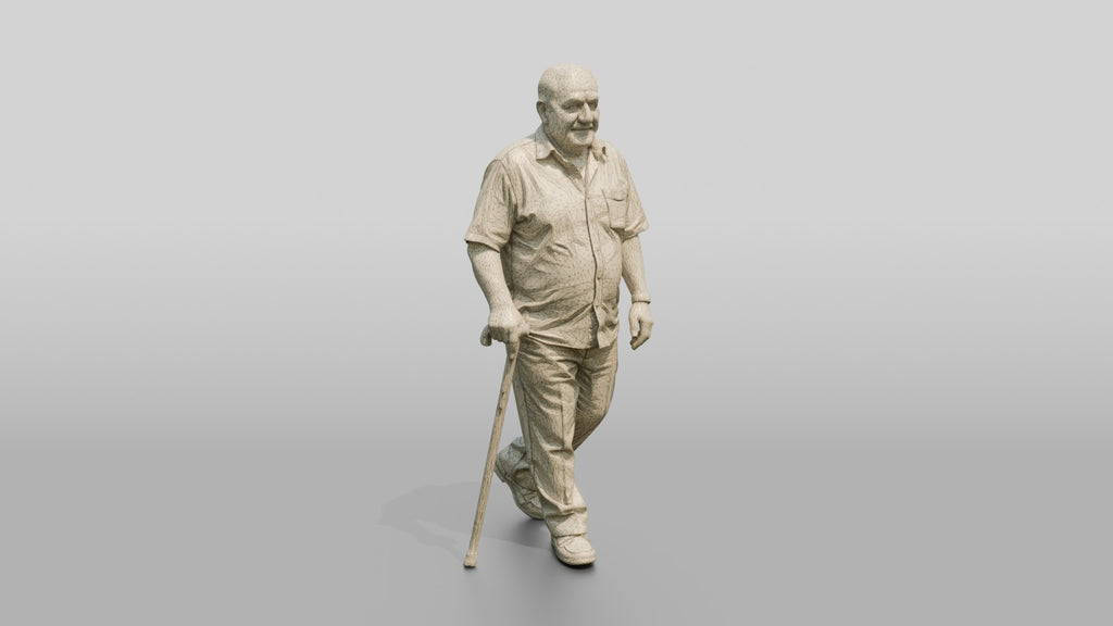 Elderly Stocky Syrian Man Walking with a Cane