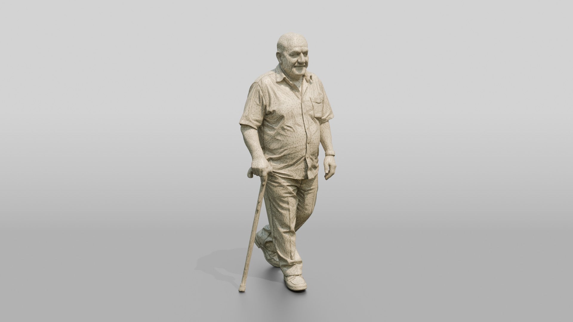 Elderly Stocky Syrian Man Walking with a Cane