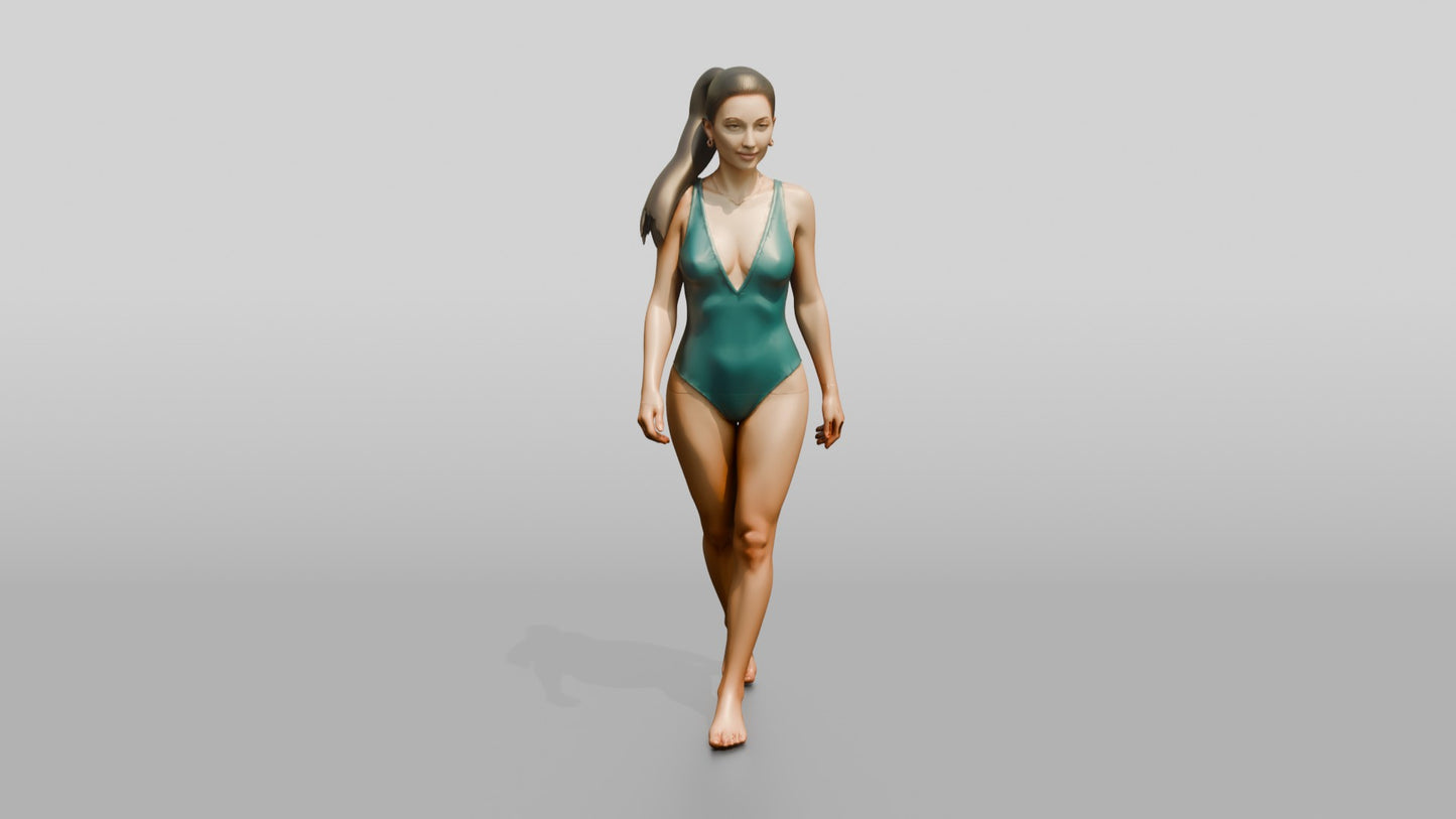 Woman in Green One-Piece Swimsuit Walking