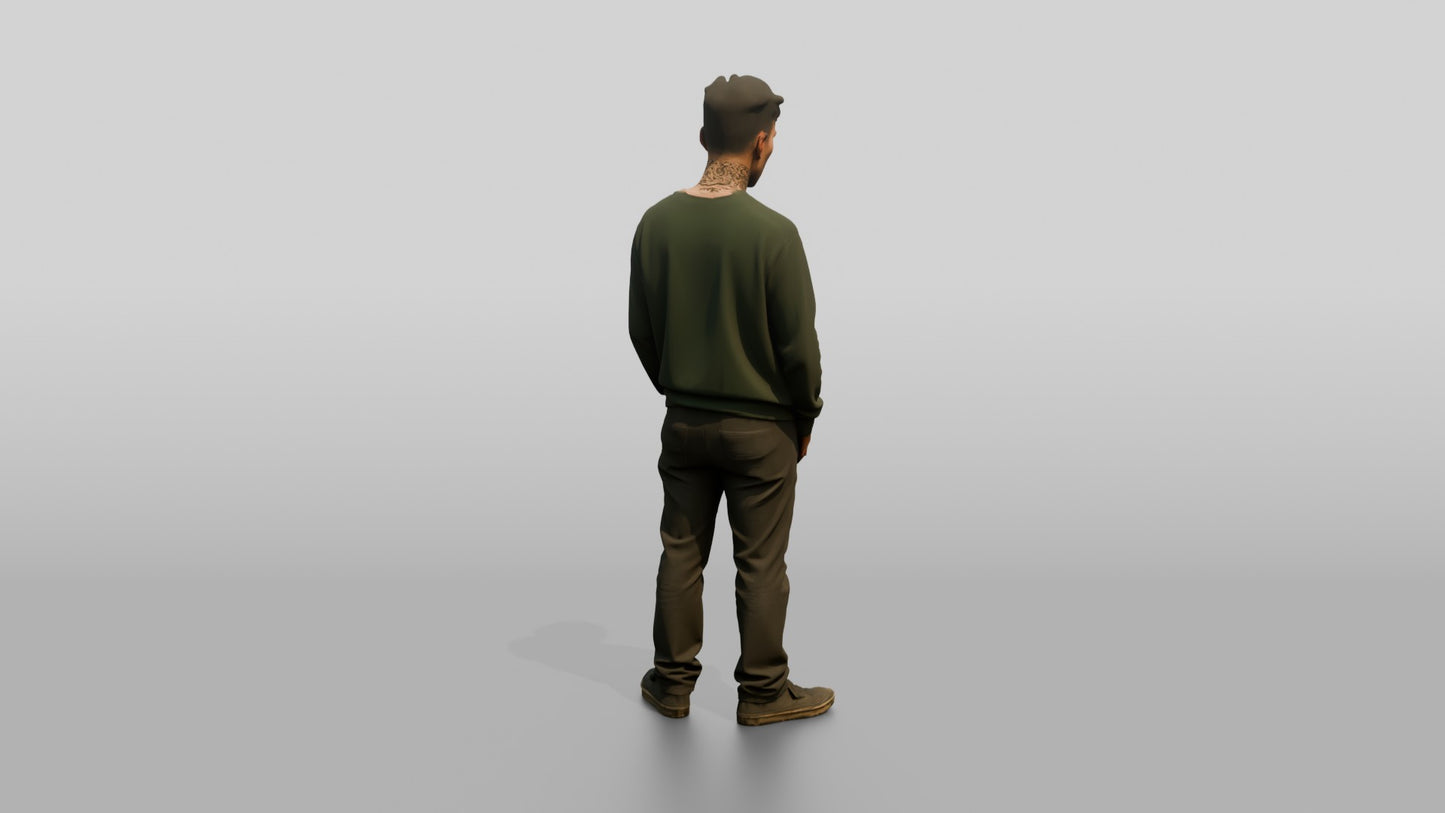 East Asian Male Prisoner in a Green Crewneck Sweatshirt