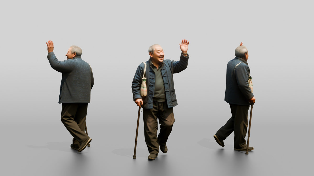 Elderly Chinese Man Waving While Walking with Cane - 3D character model
