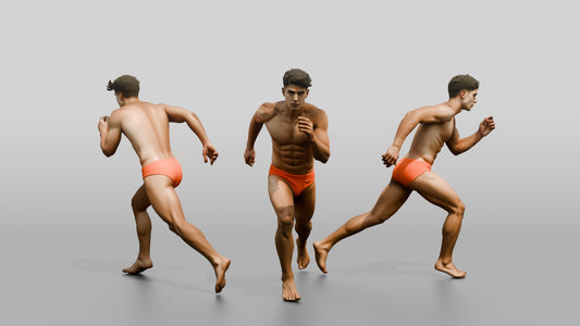 Mestizo Man in Bold Orange Swim Brief Stride