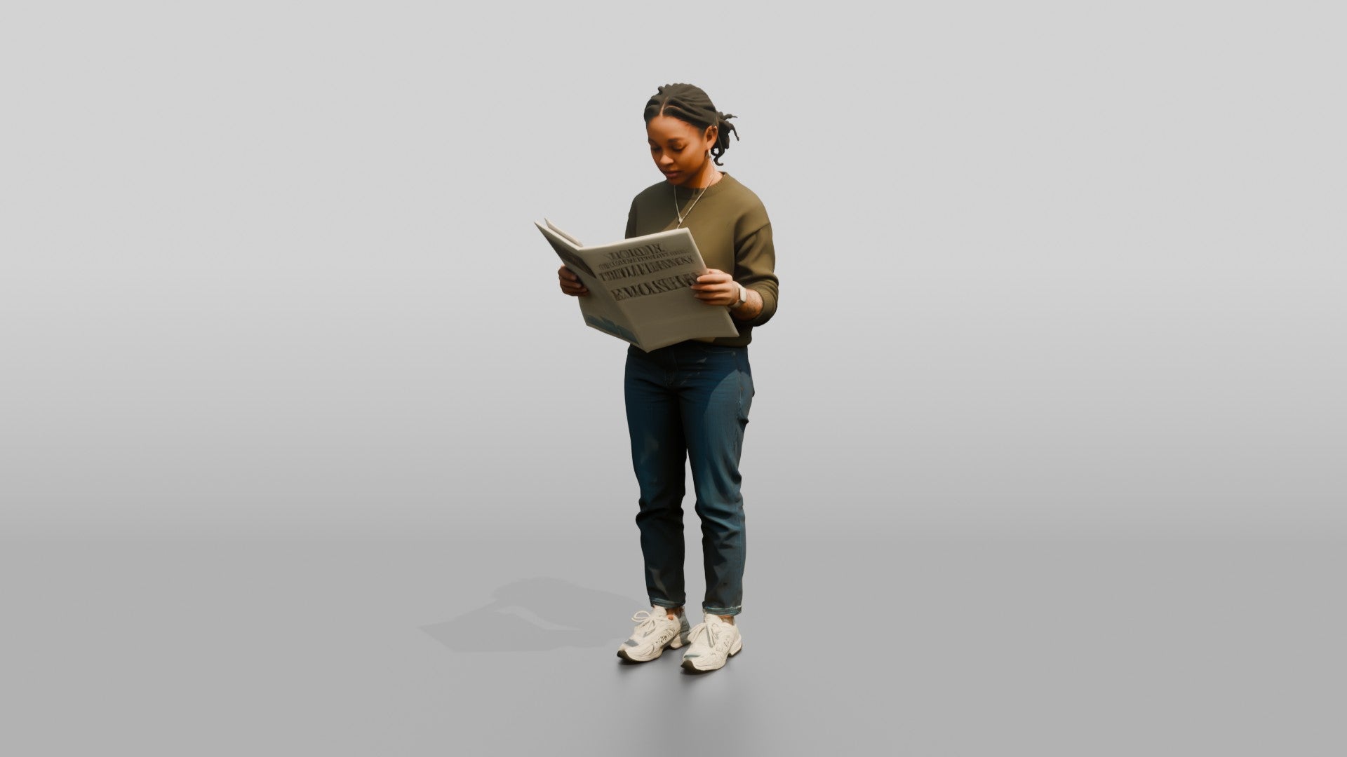 Homeless Woman Reading a Folded Newspaper