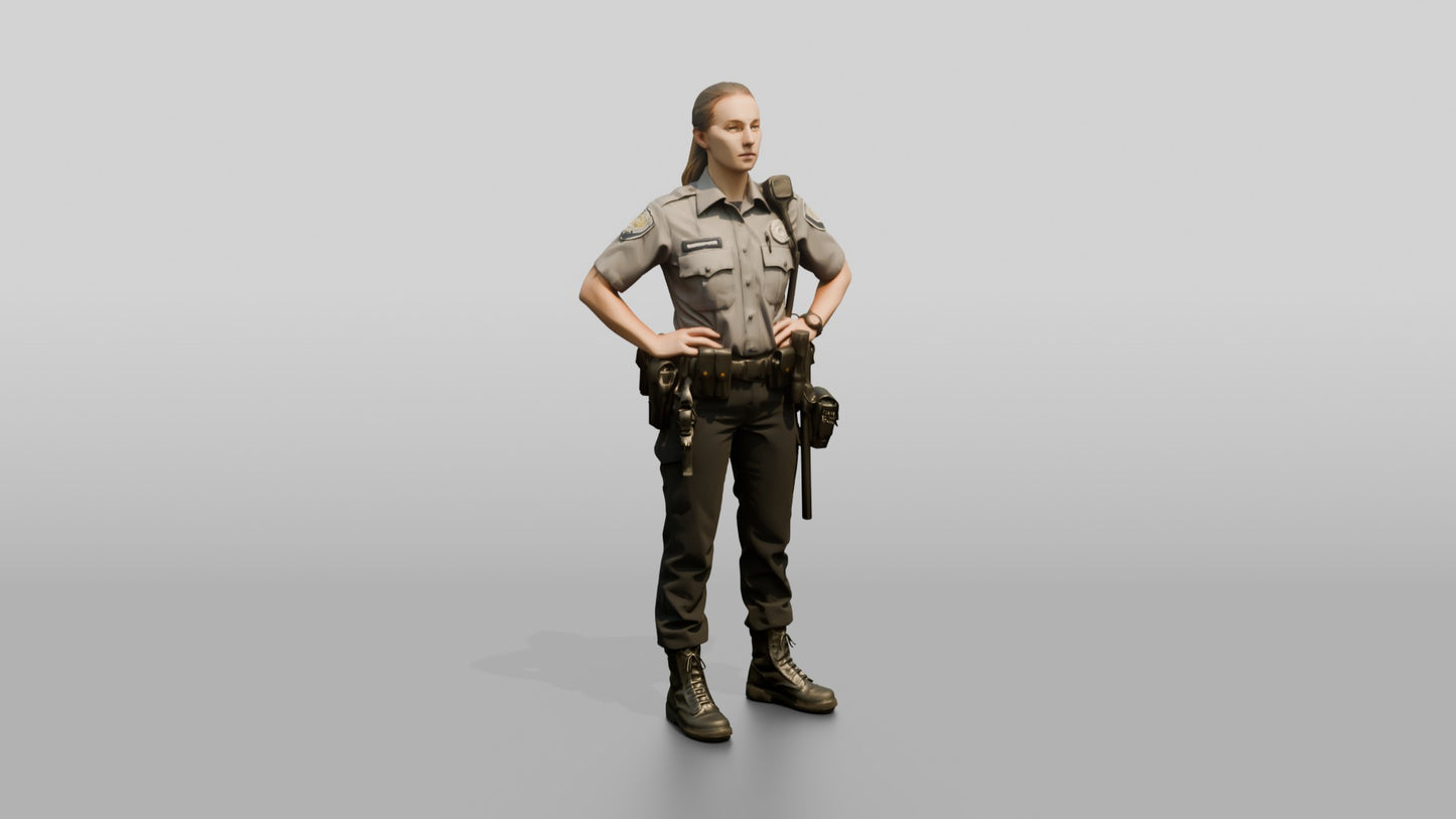 Caucasian Female Guard in a Grey Patrol Shirt and Dark Trousers