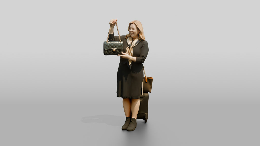 Plus-Size Blonde Woman in Black Dress with Rolling Suitcase