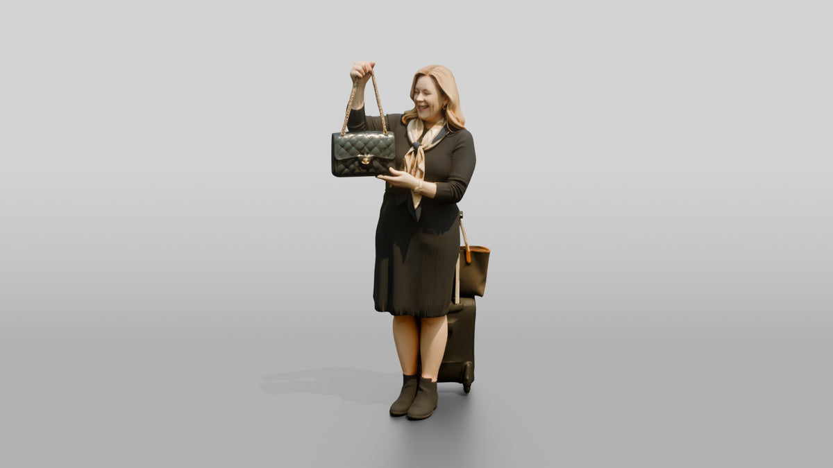 Plus-Size Blonde Woman in Black Dress with Rolling Suitcase - 3D character model, view 4