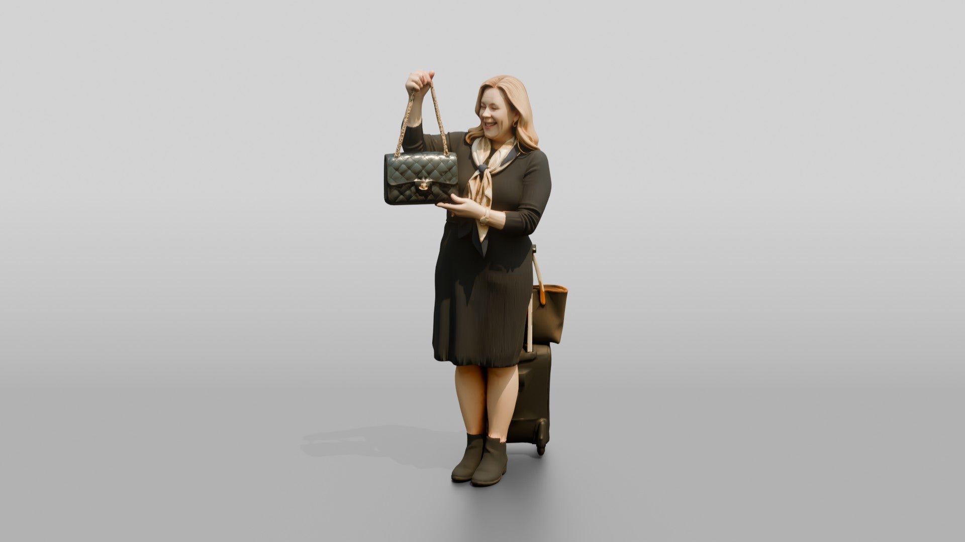 Plus-Size Blonde Woman in Black Dress with Rolling Suitcase