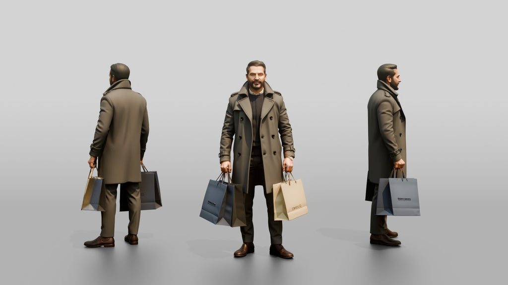 Middle Eastern Man in Trench Coat with Shopping Bags