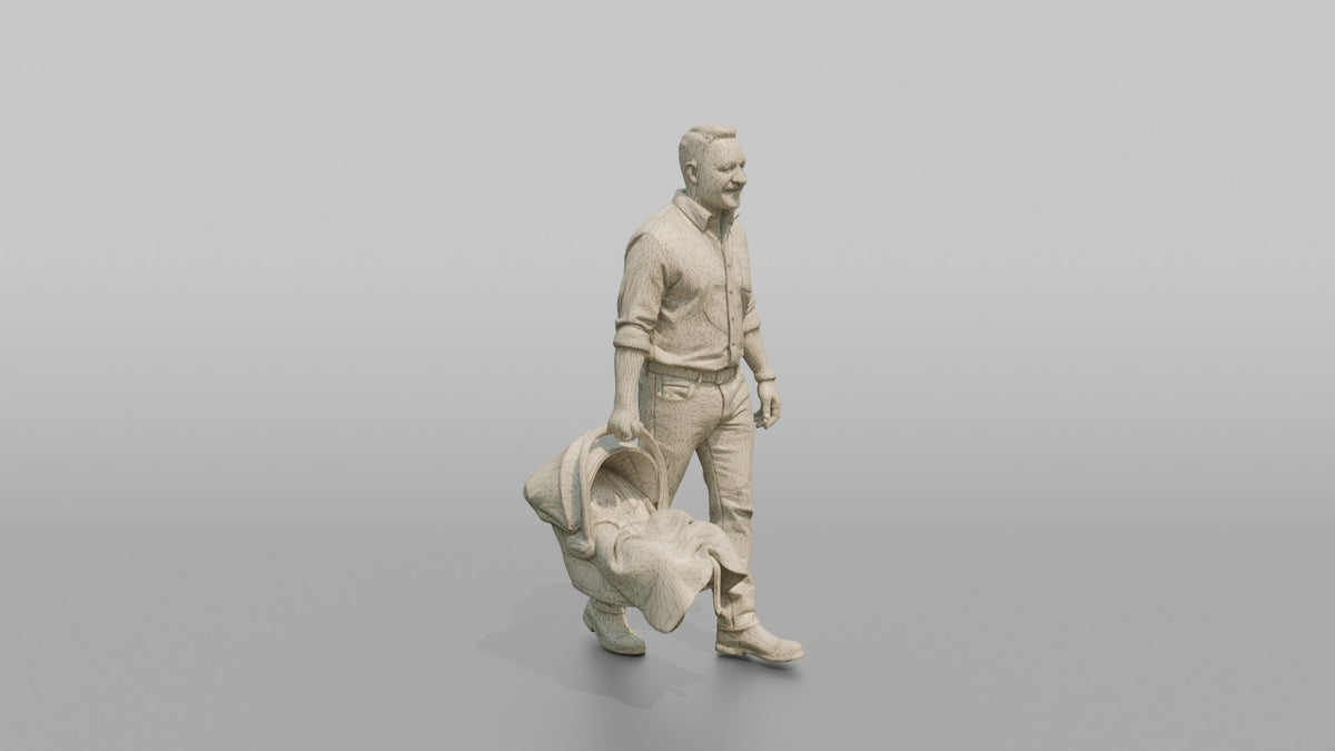 Father Carrying A Car Seat By Its Handle At His Side - wireframe topology preview