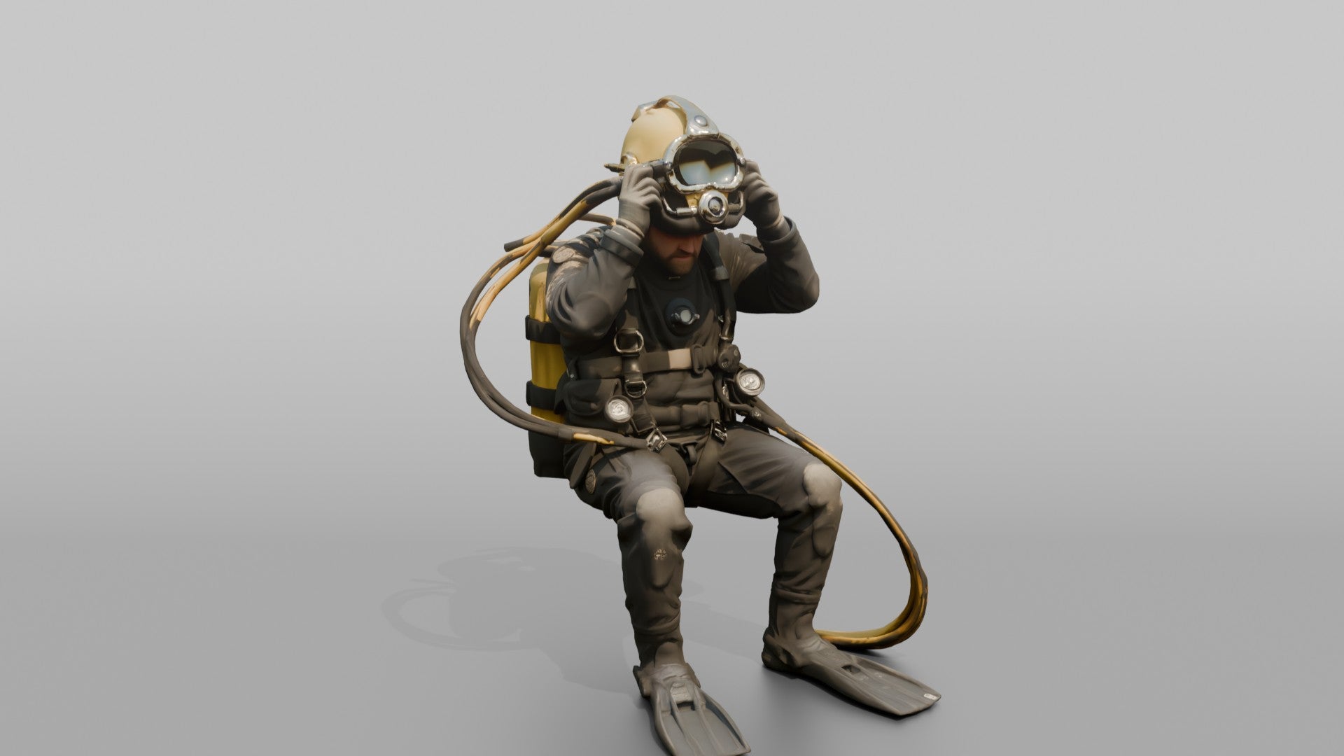 Diver Adjusting His Helmet Before a Dive